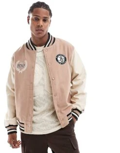 New Era Logo Varsity Jacket In Beige For Men