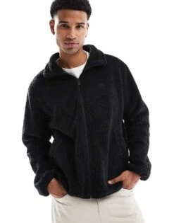 New Era Zip Through Borg Jacket With Motif Back Print In Black For Men