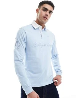 New Era LA Dodgers Logo Rugby Polo Top In Light Blue For Men