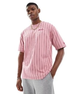 New Era Pinstripe Script Logo T-shirt In Pink For Men