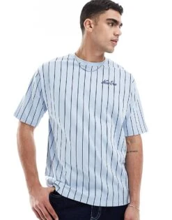 New Era Pinstripe Script Logo T-shirt In Blue For Men