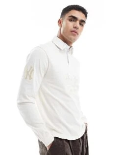 New Era NY Yankees Logo Rugby Polo Top In Cream For Men