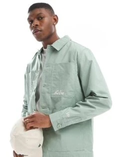 New Era Logo Detail Shacket In Mint Green For Men