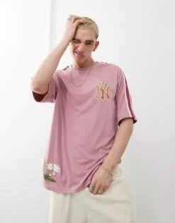 New Era NY Yankees Floral Embroidered T-shirt In Pink For Men